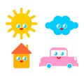 Cute characters set. funny sun and cloud. House and car cartoon style. kids character. Childrens style