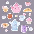 Cute characters stickers cup, teapots, croissant, muffin and cookies. Vector illustration. Isolated funny cartoon food Royalty Free Stock Photo