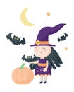 Cute charmed little witch with pumpkin vector illustration