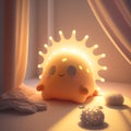 Cute charming cartoon little creature in the shape of a ladybug, a nightlight, in the evening cozy room on the windowsill