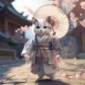 Cute charming kitty in a kimono under the branches of cherry blossoms.