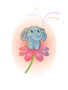 Cute cheerful baby elephant sits on a flower