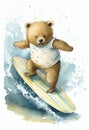 A Cute and Cheerful Bear Catching Waves. AI Generated