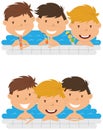 Cute cheerful boys relaxing and drinking cocktails in the pool. Royalty Free Stock Photo