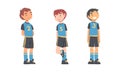 Cute cheerful boys soccer players in blue uniform cartoon vector illustration Royalty Free Stock Photo