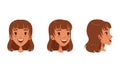 Cute Cheerful Brown Haired Girl Set, Different View of Girl Face, Front, Profile Side and Three Quarter View Cartoon