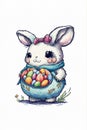 A cute cheerful bunny holds a many colorful Easter egg in his paws