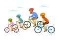 Cute cheerful cartoon family riding bikes bicycles, cycling together isolated vector illustration