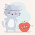 Cute cheerful cat and apple kawaii cartoon character Royalty Free Stock Photo