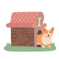 Cute cheerful corgi dog inside of doghouse. Exquisite pet hotel or daycare. Animal hotel or shelter building. Hand drawn