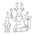 Cute cheerful deer drinking champagne doodle. Royalty Free Stock Photo