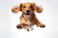 Cute and cheerful dog in flight on a white background. Playful dachshund Royalty Free Stock Photo