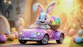 A cute and cheerful Easter bunny is carrying Easter eggs and sweets in a car