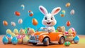 A cute and cheerful Easter bunny is carrying Easter eggs and sweets in a car