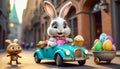 A cute and cheerful Easter bunny is carrying Easter eggs and sweets in a car