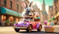 A cute and cheerful Easter bunny is carrying Easter eggs and sweets in a car