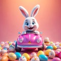 A cute and cheerful Easter bunny is carrying Easter eggs and sweets in a car