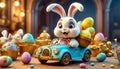 A cute and cheerful Easter bunny is carrying Easter eggs and sweets in a car