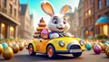 A cute and cheerful Easter bunny is carrying Easter eggs and sweets in a car