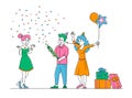 Cute Cheerful Girl Astonished with Friends Surprise Party for her Birthday. Characters in Festive Hats Holding Balloons