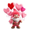 Cute cheerful gnome with balloons clipart on a transparent background. Valentine\'s Day illustration design in pink colors.