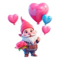 Cute cheerful gnome with balloons clipart on a transparent background. Valentine\'s Day illustration design in pink colors.