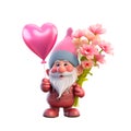 Cute cheerful gnome with balloons clipart on a transparent background. Valentine\'s Day illustration design in pink colors.