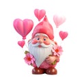 Cute cheerful gnome with balloons clipart on a transparent background. Valentine\'s Day illustration design in pink colors.