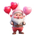 Cute cheerful gnome with balloons clipart on a transparent background. Valentine\'s Day illustration design in pink colors.