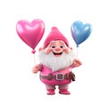 Cute cheerful gnome with balloons clipart on a transparent background. Valentine\'s Day illustration design in pink colors