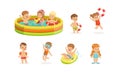 Cute Cheerful Kids Having Fun in Inflatable Swimming Pool Set, Summer Outdoor Activity Concept Cartoon Vector Royalty Free Stock Photo