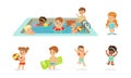 Cute Cheerful Kids Having Fun in Swimming Pool Set, Summer Outdoor Activity Concept Cartoon Vector Illustration Royalty Free Stock Photo