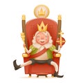 Cute cheerful king ruler on throne crown on head power and scepter in hands cartoon character 3d realistic isolated