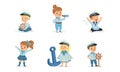 Cute Cheerful Little Boys and Girls in Sailor Costumes Set, Adorable Kids Dreaming of Sailing Cartoon Vector