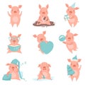 Cute cheerful little pink pigs set, funny piglets cartoon characters in different situations vector Illustration on a Royalty Free Stock Photo