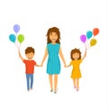 Cute cheerful mother and children, boy and girl walking with balloons together holding hands, happy mothers day Royalty Free Stock Photo