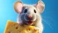 Cute cheerful mouse holding a piece of cheese in its paws
