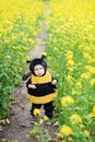 cute and cheerful portrait of little child sitting in blooming flowers of dandelion in yellow bee costume Royalty Free Stock Photo