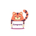 A cute tiger holds up a congratulatory plaque