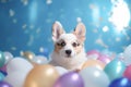 Cute cheerful white welsh corgi puppy with colored balloons on birthday party. Holiday and birthday concept