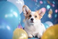 Cute cheerful white welsh corgi puppy with colored balloons on birthday party. Holiday and birthday concept