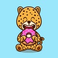 Cute cheetah eating doughnut cartoon vector icon illustration