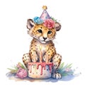 cute cheetah having a birthday watercolor illustration