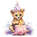 cute cheetah having a birthday watercolor illustration