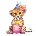 cute cheetah having a birthday watercolor illustration