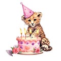 cute cheetah having a birthday watercolor illustration