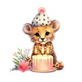 cute cheetah having a birthday watercolor illustration