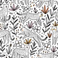 Cheetahs hunting butterflies, outline vector seamless pattern