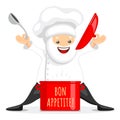 Cute chef character. Cheerful chef standing near the red hot pot with the Bon appetit phrase. Vector illustration in cartoon style