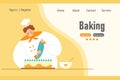 Cute chef confectioner is preparing a cake and Baking text. Banner, website concept, illustration